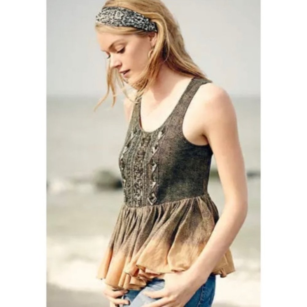 Anthropologie Gray and Tan Sleeveless Blouse